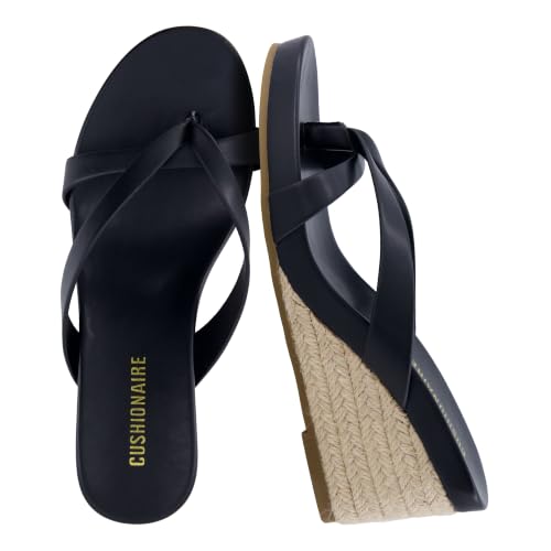 CUSHIONAIRE Ferry Espadrille Wedge Sandals for Women, Thong Platform Flip Flops with Cross Strap and Slip-On Design, BLACK 6