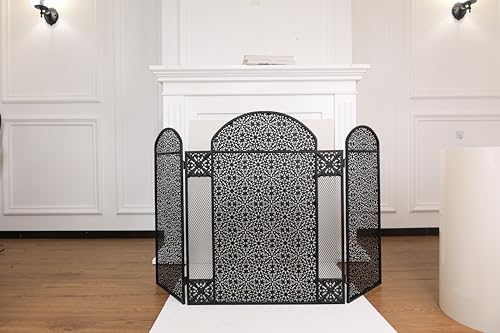 Hogardeck Fireplace Screen, 48' x 30' Decorative Fireplace Cover, 3 Panel Wrought Iron Fire Place...