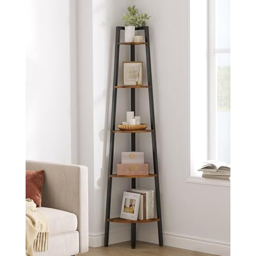 Hoctieon Corner Shelf, 5-Tier Corner Bookshelf, Rustic Ladder Shelf, Industrial Display Stand for Living Room, Kitchen, Home Office, Balcony, Small Space, Metal Frame, Rustic Brown