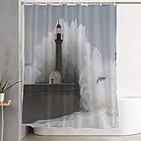 Shower Curtain Water Proof Blue Porto Crash Waves Crashing Over Lighthouse Red Wave Storm House Big...