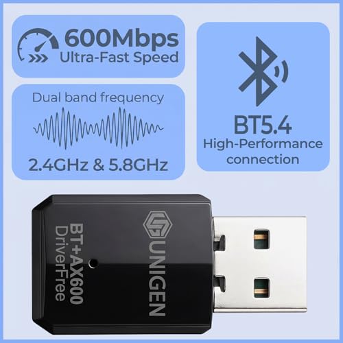 Image of UNIGEN 600Mbps Dual Band WiFi USB Adapter + Bluetooth 5.4 | 2.4GHz & 5.8GHz Wireless WiFi Dongle 5g | Compatible with Windows 7 /10 /11 | Compact Mini USB WiFi Receiver