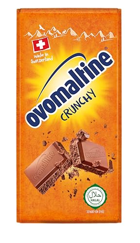 Ovomaltine Crunchy Pizarra de chocolate con leche entera suiza original con trozos crujientes de cacao fino, sostenible (1 x 100 g)