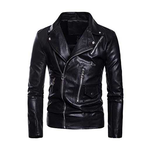 Jaqueta masculina de couro PU Lavnis casual com cinto de couro sintético jaqueta de motociclista com zíper, Black Style 2, Medium