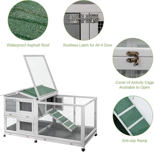 YODOLLA 61.5'' Rabbit Hutch with Wheels, Rabbit Cage Two Run Bunny Cage Outdoor Wooden Guinea Pig Cage Chicken Coop Small Animal House with Tray & Anti-Slip Ramp in Grey — view 6