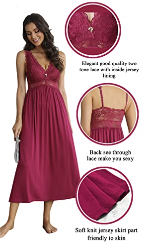 Alcea Rosea Womens Sleepwear Lace Lingerie Chemises V Neck Nightgown Long Sexy Sleep Dress Sleeveless Lace For Women Elegant (Rose,M) #TOP2