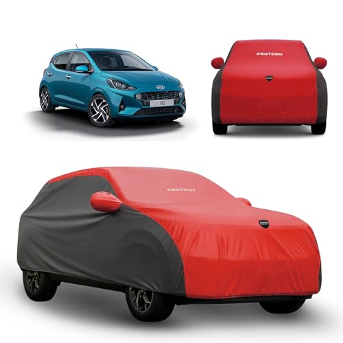 Image of PROTEGO Prime Series India's 1st Anti-Tear Car Cover for Hyundai i10 | Heavy-Duty, Custom Fit, All Weather Protection | 100% Waterproof, Windproof & Hail Resistant | 2-Year Warranty | Red + Black