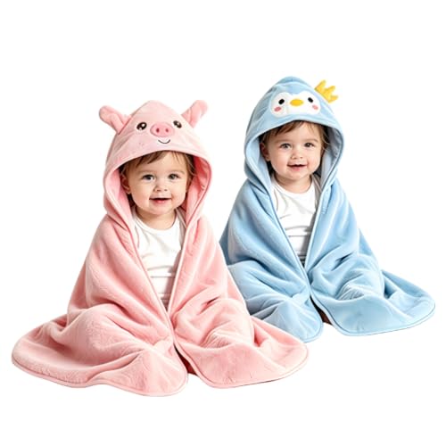 Image of Baby Hooded Towels,31 x 31 in Baby Washcloths, Infant Super Soft Baby Bath Towels with Hood for Toddlers1-3 (Blue Penguin + Pink Pig)