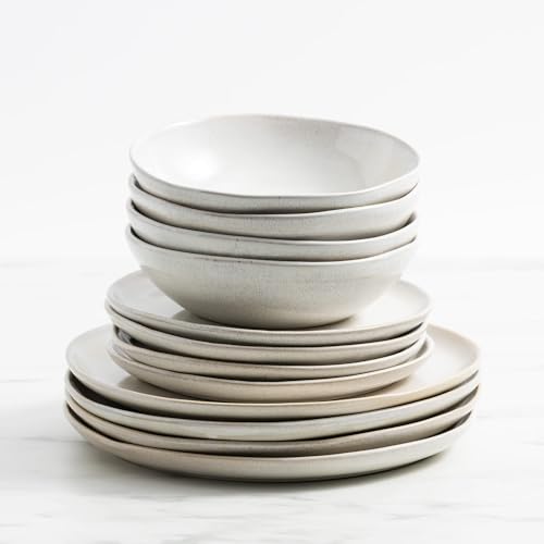 Salisbury & Co Capri 12-Piece Stoneware Dinnerware Set, Service for 4 – Gift Boxed, Microwave & Dishwasher Safe, Matte Reactive Glaze – White