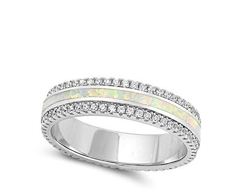 White Simulated Opal Wedding Ring .925 Sterling Silver Sparkle Bling Band Size 9 #TOP1