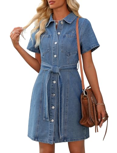 POTILI Denim Dress for Women,Summer Short Sleeve Jean Dress Button Down Denim Shirt Dresses with Pocket 2025 Outfits(Light Blue,M) at Amazon Women's Clothing store