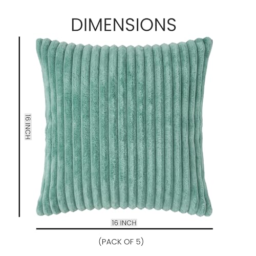 Image of Yellow Weaves Pencil-Stripe Fur Cushion Covers | Soft Polyester | Decorative Sofa & Throw Pillow Covers | 16x16 Inches, Pack of 5 (Sea Green)