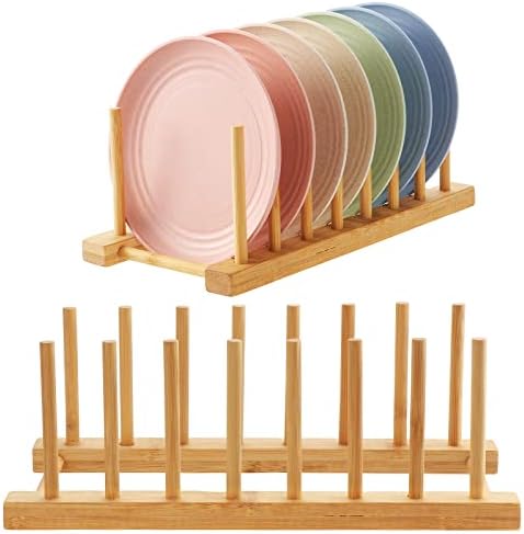Coolty 2 Pack Bamboo Rack, Kitchen Wood Bamboo Holder, Dish Storage Tray Rack Drainer Plate Stand Kitchen Cupboard Storage Organiser for Storage CD Tableware Book Wine Glass (7 Slot)