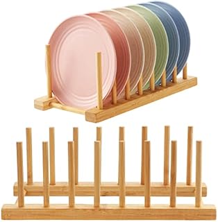 Coolty 2 Pack Bamboo Rack, Kitchen Wood Bamboo Holder, Dish Storage Tray Rack Drainer Plate Stand Kitchen Cupboard Storage Organiser for Storage CD Tableware Book Wine Glass (7 Slot)