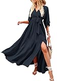 ANRABESS Womens 1/2 Sleeve Beach Wedding Guest Maxi Dresses 2025 Fall Wrap V Neck Boho Floral Flowy Slit Long Summer Dresses Navy Blue Large
