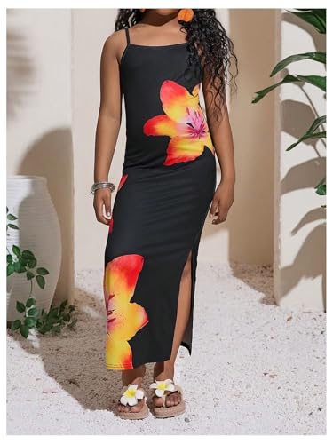 Girl's Floral Cami Dress Spaghetti Strap Split Thigh Summer Vacation Maxi Dresses4