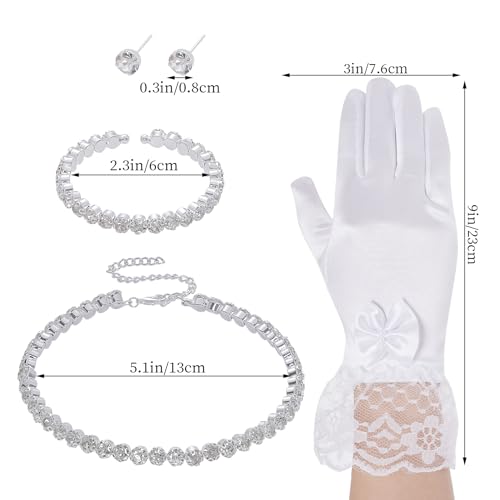 Image of Pistha 5 Pack First Communion Veil Set for Girls Bowknot Lace Veil Satin Gloves Rhinestone Accessories for Wedding Party, White