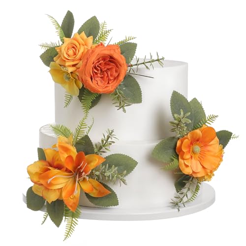 YYHUAWU 3Pcs Cake Topper Set, Wedding Artificial Flowers Decor, Burnt