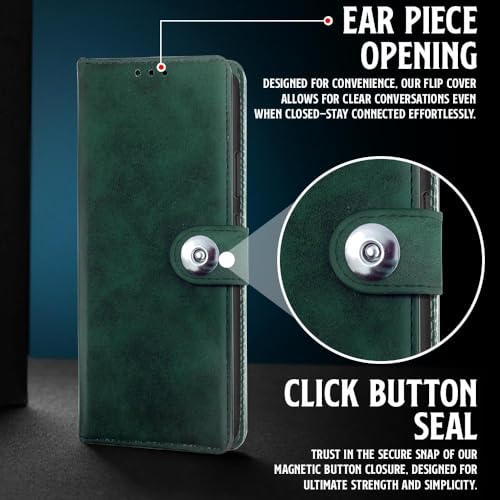 Image of WOW IMAGINE Shock Proof Flip Cover Back Case for Xiaomi Mi Redmi 9A | 9i | 9A Sport (Magnetic Button Flip Case | Wallet Pockets & Stand | Leather Finish | Forest Green)