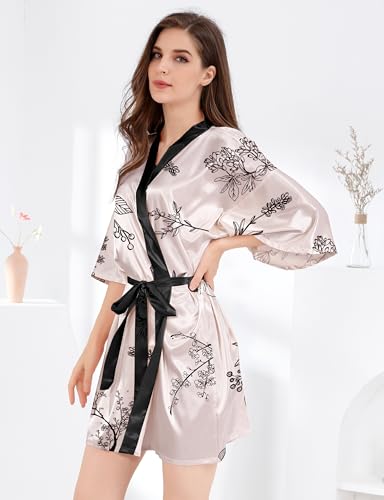 Image of MORFORU Women Bride Bridesmaid Silky Satin Kimono Robe Solid Color Sleepwear for Wedding Party Getting Ready, Short