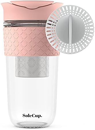 SoleCup Large Travel Mug - 3-in-1 Detachable Loose Tea Infuser, Smoothie Cup Filter, Insulated Coffee Mug with Spill Proof Lid - 18oz/530ml BPA-Free Reusable Coffee Cups with Silicone Band (Black)