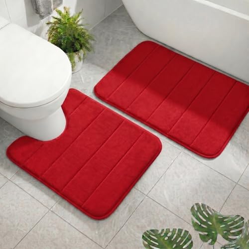 AINAHYVA 2 Piece Memory Foam Bath Mat Set Extra Soft Absorbent Bathroom Rugs with U-Shaped Toilet Rug Non-Slip Backing Machine Washable 24x16 + 20x20 U-Shaped Red