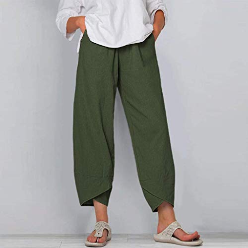 Image of Cotton Linen Capri Pants for Women 2025 Casual Printed Cropped Palazzo Pants Elastic Waist Lounge Baggy Trousers