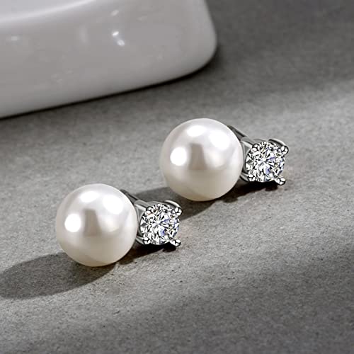 Pearl Drop Earrings For Women, 925 Sterling Silver Hypoallergenic 9Mm Pearl Weeding Stud Earrings With Cubic Zirconia Top, Wedding Jewelry & Mother's Day Gift #TOP1