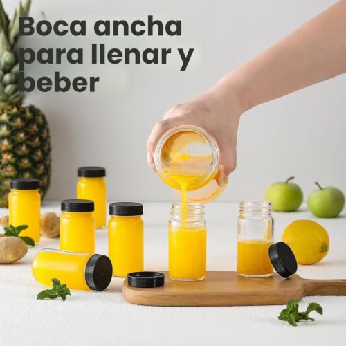 Miniatura 3 de Kaheign 12 Piezas Botes De Vidrio Con Tapa Hermética, 60ml Botella Transparente Para Chupitos De Zumo Frasco Reutilizable De Boca Ancha Para Jengibre Wellness Shot Zumos Muestras Whisky Negro