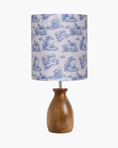 Image of Homesake Wooden Table Lamp Bedside & Living Room Lamp | E27 Holder, Bulb Included | Warm Light | Desk Nightstand Light, Decorative Lamp for Bedroom, Study & Home Decor (KD Blue Printed Drum)