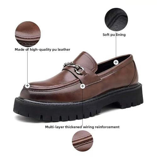 Image of XENTORD Men's Patent Leather Platform Loafers Comfort Non-Slip Lug Sole Slip-On Dress Shoes with Metal Horsebit Detail for Business Office & Casual