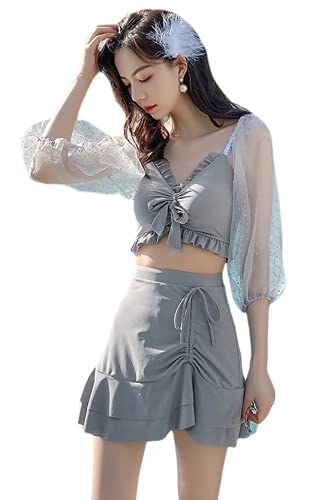 [TRVELBETT] ビキニ 水着 レディース 3点セット ハイウエスト ショートパンツ スカート付き 体型カバー かわいい おしゃれ セクシー 盛れる グレー 韓国 10代 20代 30代 S M L XL XXL (クレー,M)