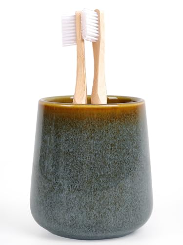 Autumnlife Zahnputzbecher Keramik 350 ml, Grün Zahnbürstenhalter im Natürlichen Steinoptik, Rund Badezimmerbecher & Mundspülbecher Zahnpastaständer für Zahnbürste & Zahnpasta