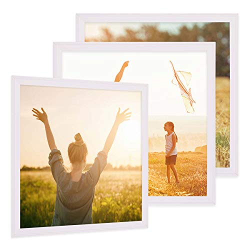 PHOTOLINI Bilderrahmen 20x20 cm Holz Weiß Landhaus-Stil, 3er Set Holz-Rahmen, Made in Germany, Echtglas, zum Aufhängen, mit Zubehör - perfekt für Familienfotos & Urlaubsbilder