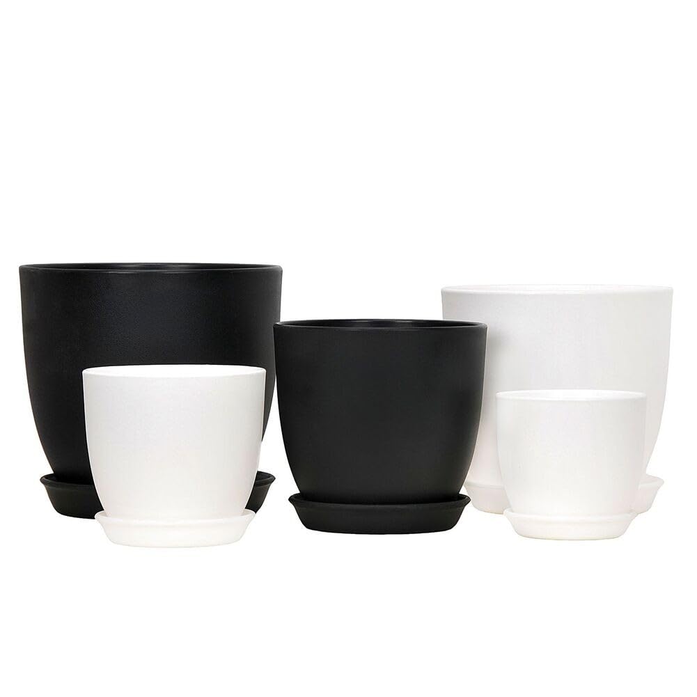 Lot de 10 pots de fleurs en plastique avec soucoupes - 180 x 165 mm - Moderne - Mat - Pour intérieur et extérieur - Décoration de jardin - Noir
