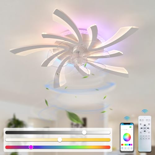 Moderno ventilador de techo de 64 cm con luz RGB y control remoto, ventilador de techo LED regulable con 6 velocidades y función de memoria, ideal para dormitorio y sala de estar.