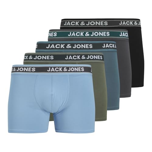 JACK & JONES Herren Unterhosen Shorts Boxershorts Trunks 5er Pack, Farbe:Mehrfarbig, Wäschegröße:L, Artikel:-Black/Asphalt/oceanview/Agave Green/Chambray Blue