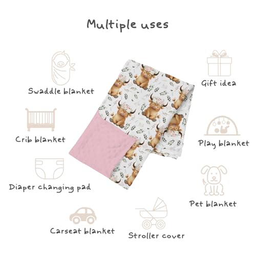 Image of Highland Cow Floral Baby Blankets for Girls 30 inch x 40 inch, Pink Flower Soft Double Layer Minky Blanket with Dotted Fleece Back, Nursery Bed Receiving Quilt for Newborn Infant Toddler Shower Gift
