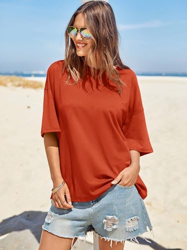Image of Tankaneo Womens Oversized Tshirts Summer Casual Short Sleeve Crew Neck T Shirt Loose Fit Side Slit Tee Tops