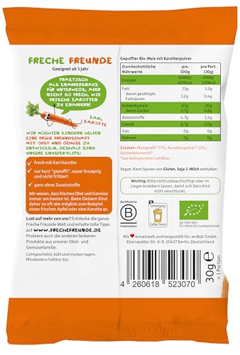 FRECHE FREUNDE Bio Knusper-Flips Karotte, Snack mit Mais, ohne Zuckerzusatz, Knabberzeug für Kinder und Babys ab 1 Jahr, vegan, 9er Pack (9 x 30g)
