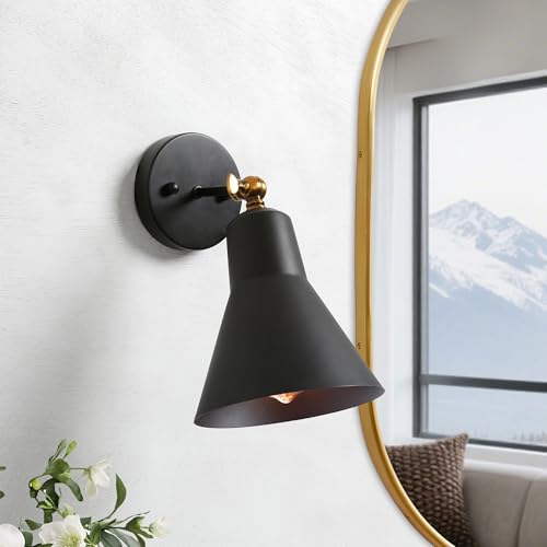 Image of LALUZ Black Wall Sconce with Swing Arm, Adjustable Modern Farmhouse Wall Light with Gold Accent for Bedroom, Kitchen, Bathroom, Bedside Reading