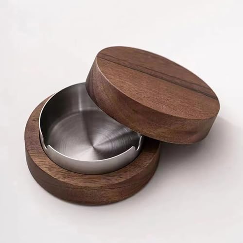 Cenicero de madera con tapas, ceniceros de escritorio de madera de nogal con forro de acero inoxidable, cenicero resistente al viento, cenicero para uso en interiores y exteriores, oficina en casa