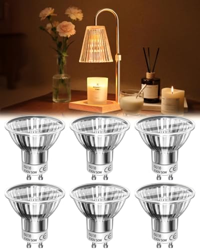 Funistree 6 Pack Candle Warmers Lamp Bulbs, GU10 Halogen Bulbs 50W 230V, Halogen Spotlight Bulbs 450lm 2800K Warm White 40° Beam Angle 2 Pin GU10 Bulb Dimmable - 6000+Hours Long-Lasting