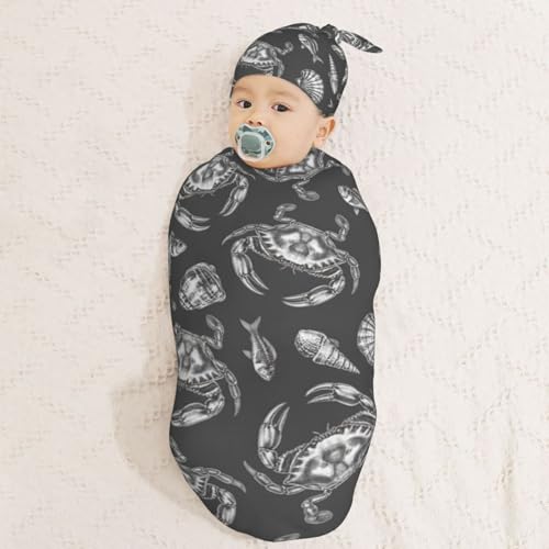 Image of Seafood Crab Newborn Swaddle Blanket with Beanie Set Soft Baby Sleep Sack Stretch Adjustable Swaddle Wraps Receiving Blankets