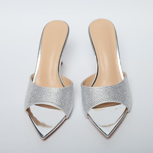 Women's Pointed Open Toe Stiletto Slide Sandals Slip on Glitter Rhinestones High Heels Mules Sexy Evening Party Wedding Prom Dress Shoes4