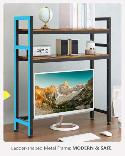 WRITECRY Desktop Bookshelf, 2-Tier Multipurpose Countertop Storage Hutch for Computer Desk, Adjustable Wood Display Rack Organizer for Dorm Office Home - Brown - Thumbnail 4