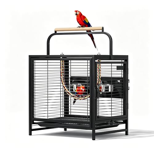 Image of VINGLI Small Bird Cage, 19 inch Travel Carrier Bird Cage with Handle, Wrought Iron Parakeet Cage with Wooden Perch for Parrot Lovebirds Finches Small /Medium Birds (Matte Black)
