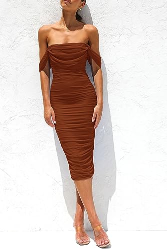 PRETTYGARDEN Summer Off The Shoulder Ruched Bodycon Dresses Sleeveless Sexy Party Club Midi Dress - Image 5