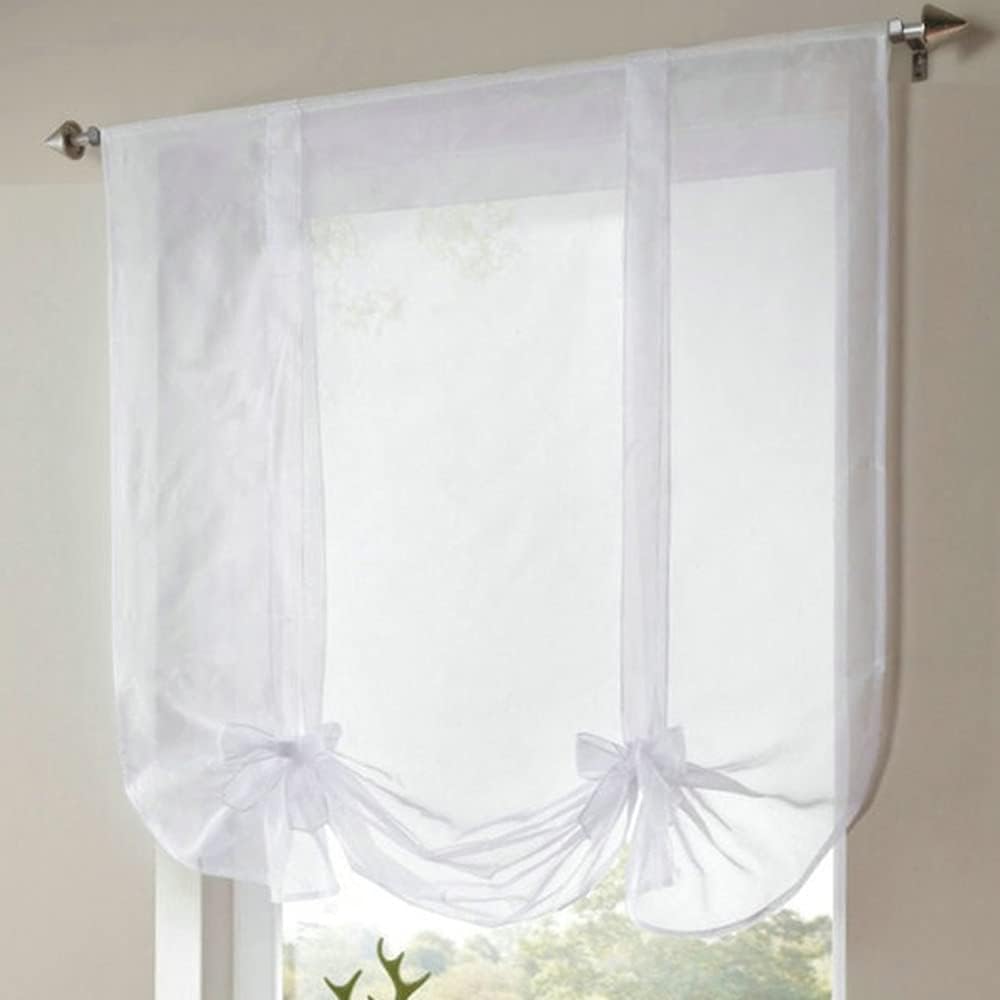 WPKIRA 1 Panel Ribbon Tie Up Solid White Roman Curtain Transparent Sheer Voile Balloon Shades with Solid Stripes Lift Sheer Curtain Drapes Voile Valances Cafe Kitchen W39 x L55 Inch