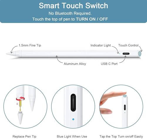 Image of Universal Stylus Pen for Touchscreens Stylus Pen for Fast Charge Pencil Rechargeable Fine Tip Digital Pen for Writing Drawing & Note-Taking Works with Android and iOS Devices (White)