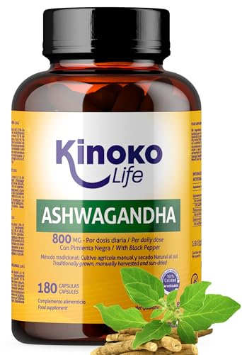 ASHWAGANDHA 800 mg – 180 Cápsulas | Extracto 10:1 con Pimienta Negra (Piperina) | Adaptógeno y Nootrópico Natural para el Estrés, Cortisol y Energía Mental – Kinoko Life